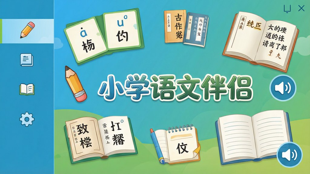 小学语文伴侣软件主界面截图,画面中央展示软件名称“小学语文伴侣”,周围环绕拼音卡片、古诗书本、作文本等学习元素,布局采用左右分栏,左侧为功能导航,右侧为学习内容展示区,风格清新活泼,色彩以蓝绿暖色为主,细节包括卡通铅笔、翻开的课本、朗读图标,画质高清干净,无多余元素
