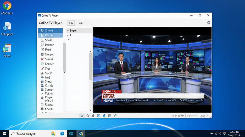 软件主界面全景展示,画面中央是 Online TV Player 的窗口程序,左侧为频道分类列表,右侧为正在播放的电视画面,画面内容为国际新闻演播室场景,窗口周围是简洁的 Windows 桌面环境,整体风格为写实软件截图风格,色彩明亮清晰,画面干净无多余元素,高清画质