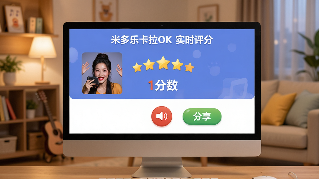 一张展示K歌评分界面的图片,画面中电脑屏幕上显示着歌曲演唱结束后的评分结果,有星级和分数显示,旁边有录音按钮和分享按钮,背景是温馨的居家环境,布局简洁明了,风格轻松活泼,细节清晰,画质干净,图片中文字标注为“米多乐卡拉OK 实时评分”,无多余元素