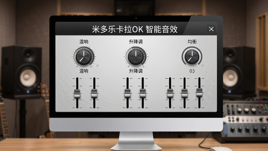 一张展示音频调节面板的图片,画面中是一个电脑屏幕界面,界面上有多个旋钮和推子,分别标注着混响、均衡、升降调等字样,背景是录音室环境,布局清晰有序,风格专业简约,细节精致,画质干净,图片中文字标注为“米多乐卡拉OK 智能音效”,无多余元素