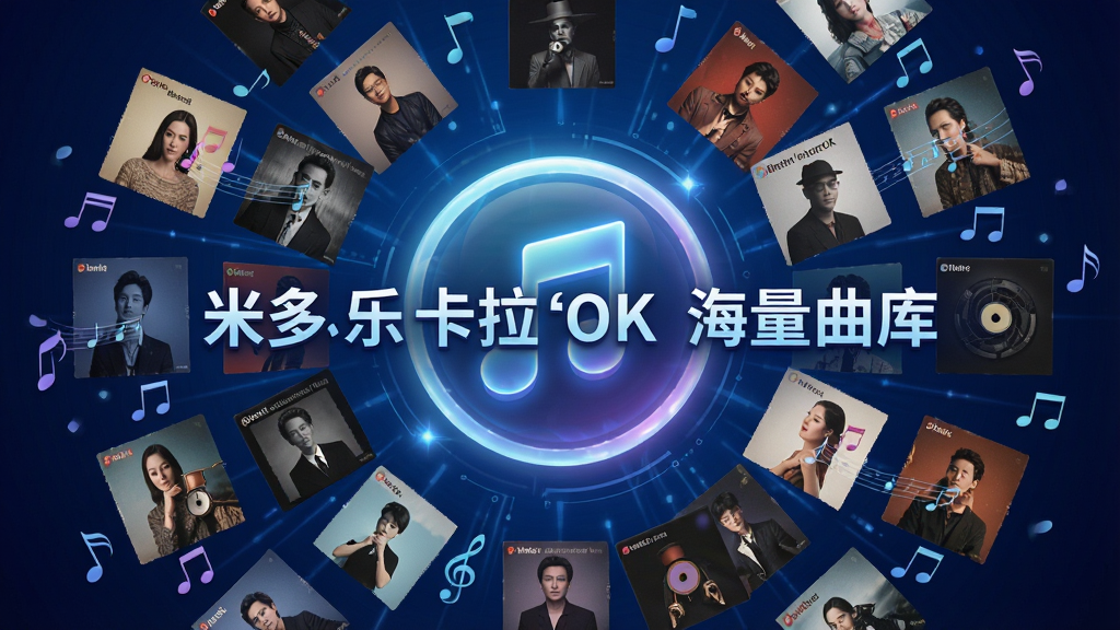 一张以音乐曲库为主题的图片,画面主体是一个发光的圆形音乐图标,周围环绕着不同风格的音乐专辑封面和音符元素,背景是深蓝色渐变,布局采用中心辐射式排版,风格科技感十足,细节丰富,画质清晰,图片中央文字标注为“米多乐卡拉OK 海量曲库”,画面干净,无多余元素