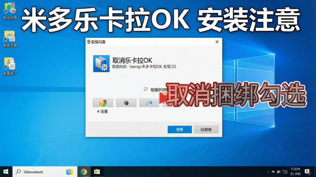 一张展示电脑桌面安装向导界面的图片,画面中有一个安装对话框,旁边有醒目的提示文字“取消捆绑勾选”,背景是简洁的Windows桌面,布局居中,风格清晰明了,细节可见,画质干净,图片中文字标注为“米多乐卡拉OK 安装注意”,无多余元素