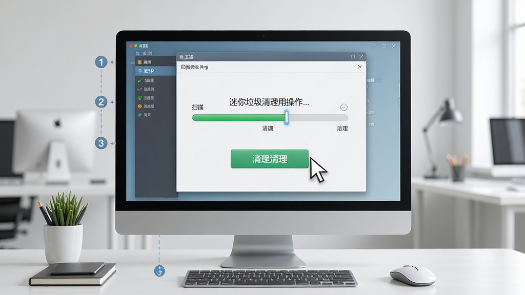 一张展示迷你垃圾清理使用操作步骤的图片,主体是电脑屏幕上软件界面和鼠标指针,布局为屏幕居中显示,排版为分步骤的图文示意,风格为写实科技风,细节上界面显示扫描进度条和清理按钮,背景为整洁的办公桌面,画质高清,干净,无多余元素