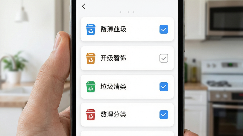 一张展示迷你垃圾清理智能分类清理功能的图片,主体是软件界面中的分类列表,布局为纵向排列,每个分类项前方有图标和复选框,排版整齐,风格为清新简约的现代UI设计,细节上分类文字清晰可读,背景为白色,画质高清,干净,无多余元素