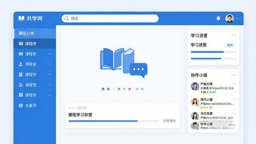 共学网软件主界面全貌展示,画面中央是明亮宽敞的在线学习平台首页,左侧为课程分类导航栏,右侧为学习进度卡片与协作小组动态,顶部有搜索框和用户头像,整体布局清晰有序,采用蓝白相间的清爽配色风格,细节包括书本图标、对话气泡、进度条等元素,画质高清,画面干净,无多余元素