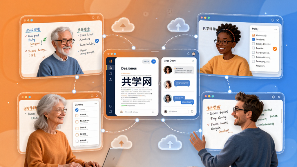 共学网多人协作学习小组功能展示,画面中有四位不同年龄的学习者通过虚拟屏幕连接在一起,各自面前有笔记窗口和任务清单,中央区域显示共享文档和讨论区,界面布局强调连接与互动,采用温暖的橙蓝色调搭配,细节包括同步云图标、勾选标记和对话气泡,画质高清,干净整洁