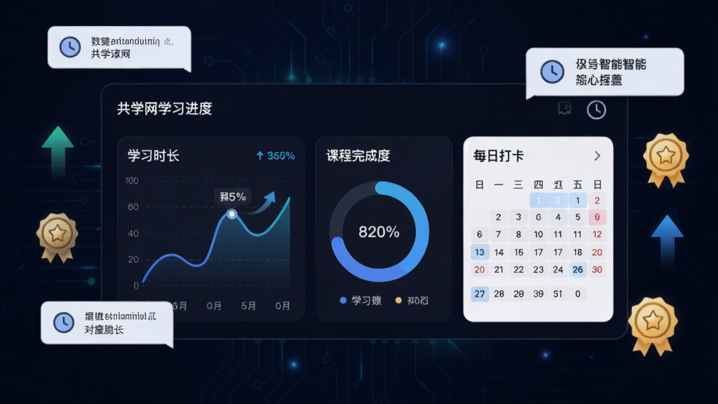 共学网学习进度智能追踪面板,画面中央是一个数据仪表盘,显示学习时长曲线图、课程完成度环形图和每日打卡日历,周围有悬浮的提醒气泡和成就徽章,背景为深色科技感渐变,细节包括上升箭头、百分比数字和时钟图标,画质精细,无多余装饰