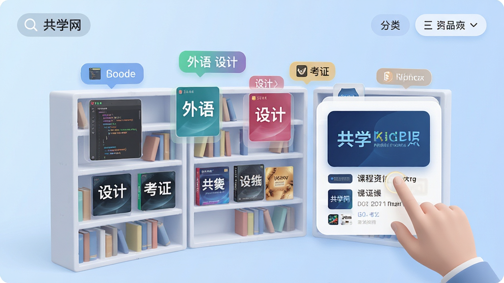 共学网海量课程资源聚合界面,画面展示一个虚拟的在线图书馆,书架上排列着不同学科的电子课程封面,有编程、外语、设计、考证等分类标签悬浮在空中,用户手指轻点即可展开课程详情,背景是柔和的浅蓝色渐变,风格现代简洁,细节包括放大镜搜索图标和分类筛选按钮,画质清晰,干净无杂乱
