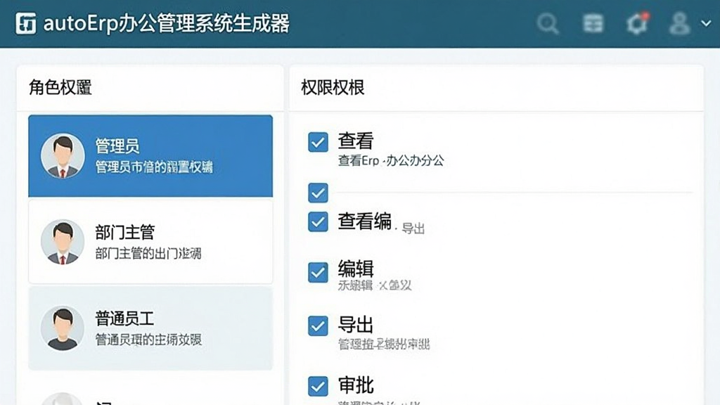一张权限配置界面的图片,画面中显示autoErp办公管理系统生成器的角色权限设置面板,左侧列出管理员、部门主管、普通员工等角色,右侧为对应权限勾选框包含查看、编辑、导出、审批等选项,界面风格清爽规整,细节包含角色头像与权限文字说明,画质清晰干净无多余元素