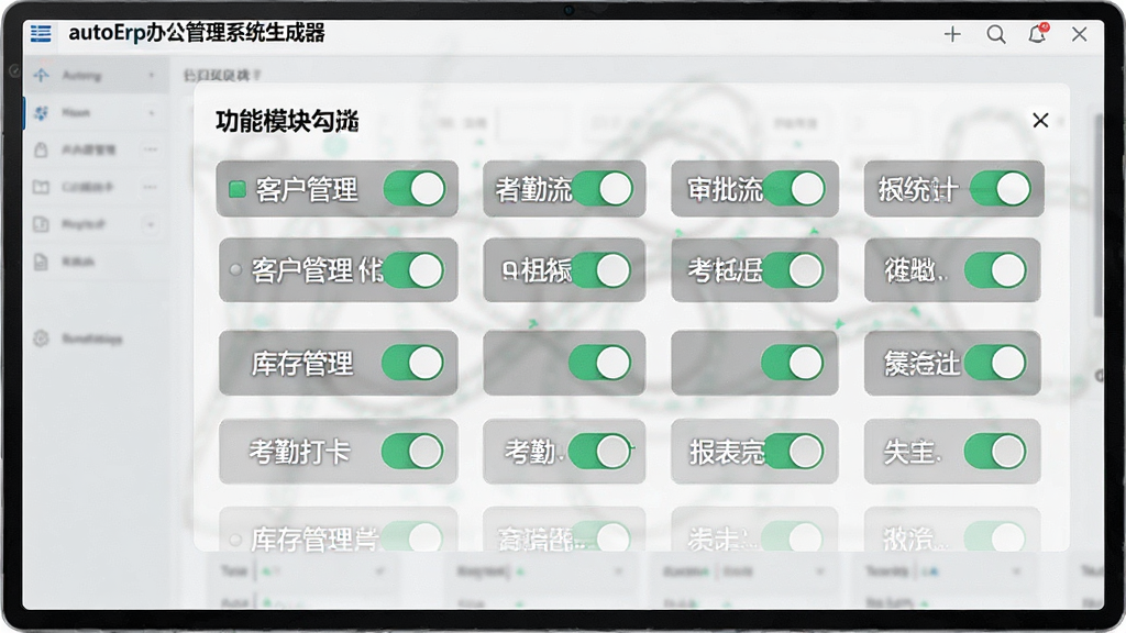 一张展示模块化功能选择界面的图片,画面中显示autoErp办公管理系统生成器的功能模块勾选面板,面板上排列着客户管理、库存管理、考勤打卡、审批流、报表统计等模块开关按钮,部分模块处于开启状态显示绿色标识,背景为浅灰色工作区,风格简洁商务,细节包含开关按钮与文字说明,画质清晰干净无多余元素