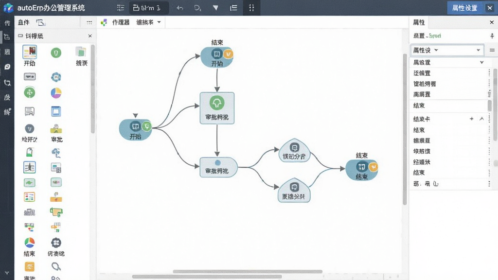 一张可视化流程设计器的工作界面截图,画面中显示autoErp办公管理系统生成器的流程编排画布,画布上有开始节点、审批节点、条件分支节点和结束节点通过连线串联,左侧为组件库面板,右侧为属性设置面板,整体风格专业简洁,细节包含节点图标与连线箭头,画质清晰干净无多余元素