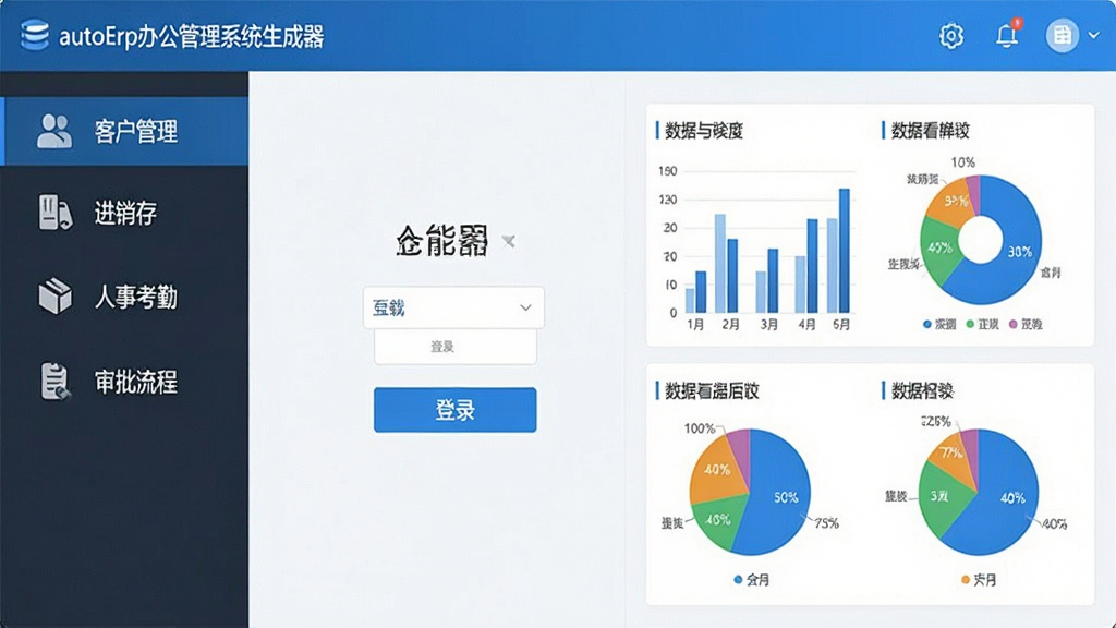 一张简洁明亮的软件界面展示图,画面中央是autoErp办公管理系统生成器的登录主界面,左侧为功能导航栏包含客户管理、进销存、人事考勤、审批流程等图标,右侧为数据看板区域展示柱状图与饼状图,整体布局清晰规整,风格现代商务,细节包含按钮图标与文字标签,画质干净清晰无多余元素,适合软件下载站展示使用