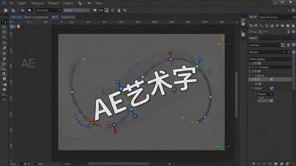 一张展示AE艺术字路径动画编辑状态的截图,画面主体是软件预览窗口中一条弯曲的路径上排列着文字“AE艺术字”,布局以预览窗口为中心,排版显示路径控制点与文字对齐,风格为技术操作界面,细节包括贝塞尔手柄、文字字符面板、路径选项,画质清晰、干净无多余元素