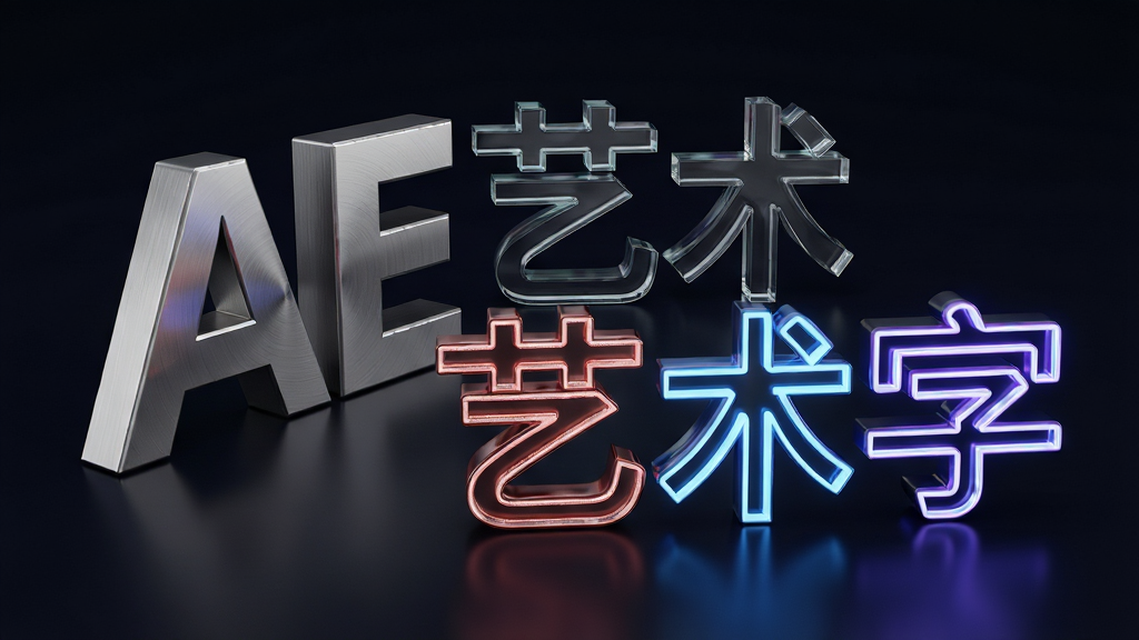 一张展示AE艺术字三维渲染效果图,画面主体是三个不同材质的立体文字“AE艺术字”,布局呈三角形排列,排版错落有致,风格为高质感产品展示,细节包括金属拉丝、玻璃透明、霓虹发光三种质感,背景为深色渐变,画质为8K渲染级别、干净无多余元素