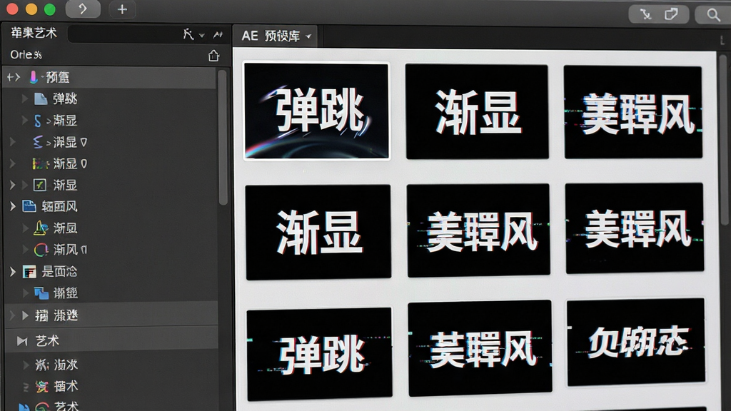 一张展示AE艺术字预设库面板的特写图,画面主体是软件界面中的效果与预设浏览器,布局左侧为分类列表,右侧为缩略图网格,排版整齐划一,风格简洁专业,细节中每个缩略图都显示不同动态文字效果如“弹跳”“渐显”“故障风”,画质高清、干净无多余元素
