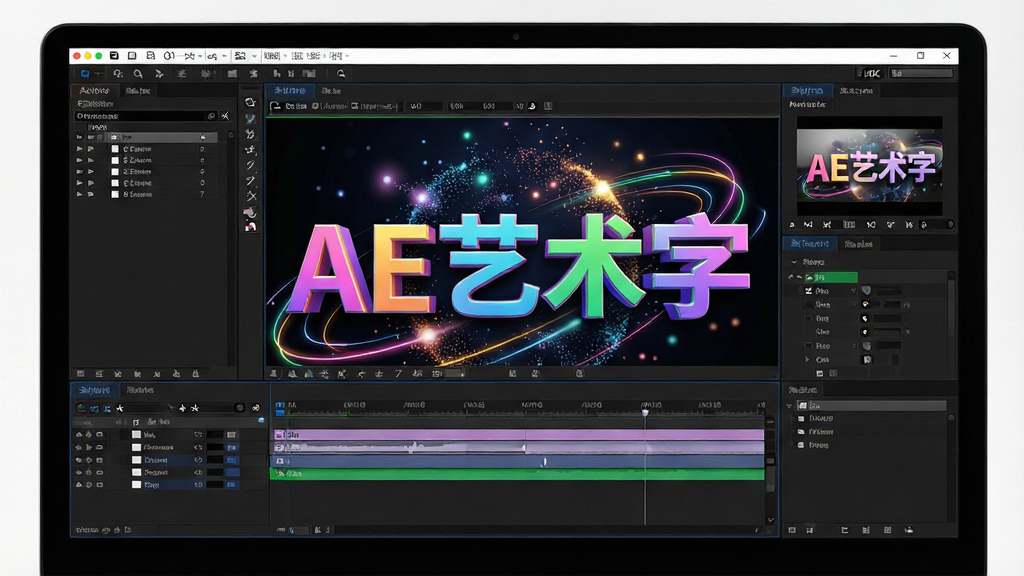 一张展示AE艺术字软件界面的全景图,主体是电脑屏幕中打开的After Effects风格时间轴与合成面板,布局采用居中构图,屏幕中央显示着色彩斑斓的3D立体文字“AE艺术字”,周围环绕着粒子光效与动态线条,排版上文字突出、界面元素清晰,风格为现代科技感与创意设计结合,细节包括图层列表、效果控件面板、预览窗口,画质为4K超清、干净无多余元素