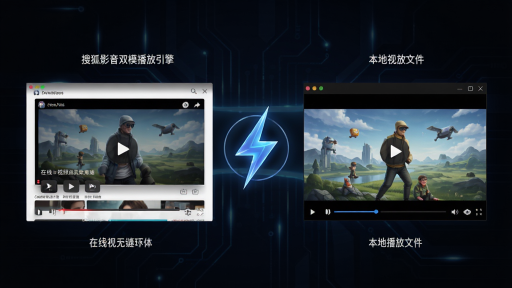 搜狐影音双模播放引擎概念图,画面左侧展示在线视频流媒体播放界面,右侧展示本地视频文件播放窗口,中间以闪电符号连接,背景为深色科技风格,突出在线与本地播放无缝切换的功能特点,画质清晰,排版对称,干净无多余元素