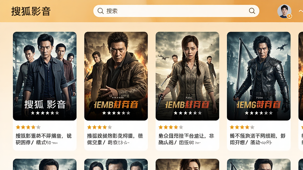 搜狐影音智能推荐与个性化频道界面展示,画面中为软件首页推荐流,包含多张影视海报卡片,每张卡片下方有评分和简介文字,顶部有搜索框和用户头像,整体采用暖色调设计,排版整齐,画质高清,干净无多余元素