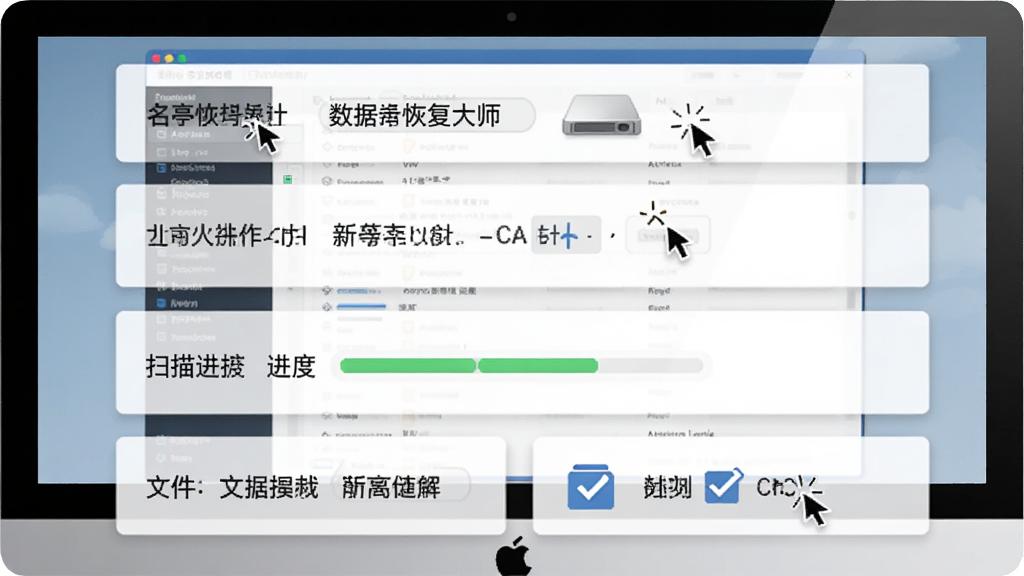 名亭数据恢复大师新手操作步骤示意图,主体为电脑屏幕展示软件操作流程,布局为从上到下四个步骤框,风格为简约商务,细节包含鼠标点击、磁盘选择、扫描进度、文件勾选,画质清晰,干净,无多余元素