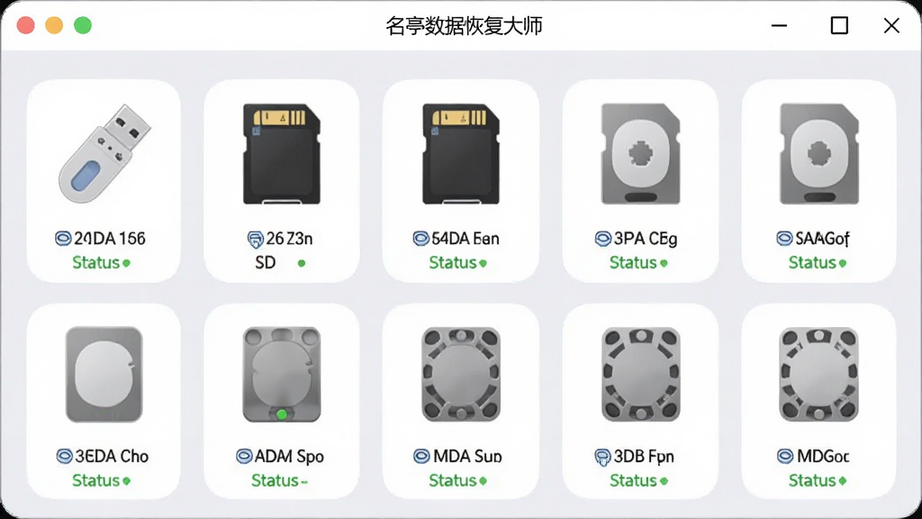 名亭数据恢复大师外接设备识别界面,主体为软件窗口中展示U盘、SD卡、移动硬盘等多种设备图标,布局为网格状排列,风格为柔和圆角设计,细节包含设备容量信息、盘符标识、连接状态,画质清晰,干净,无多余元素