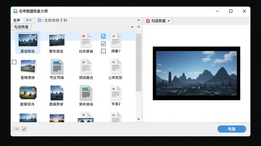 名亭数据恢复大师文件预览与勾选恢复界面,主体为软件窗口内展示文件列表与预览窗格,布局为左列表右预览,风格为清爽浅色,细节包含图片缩略图、文档图标、勾选框、恢复按钮,画质清晰,干净,无多余元素