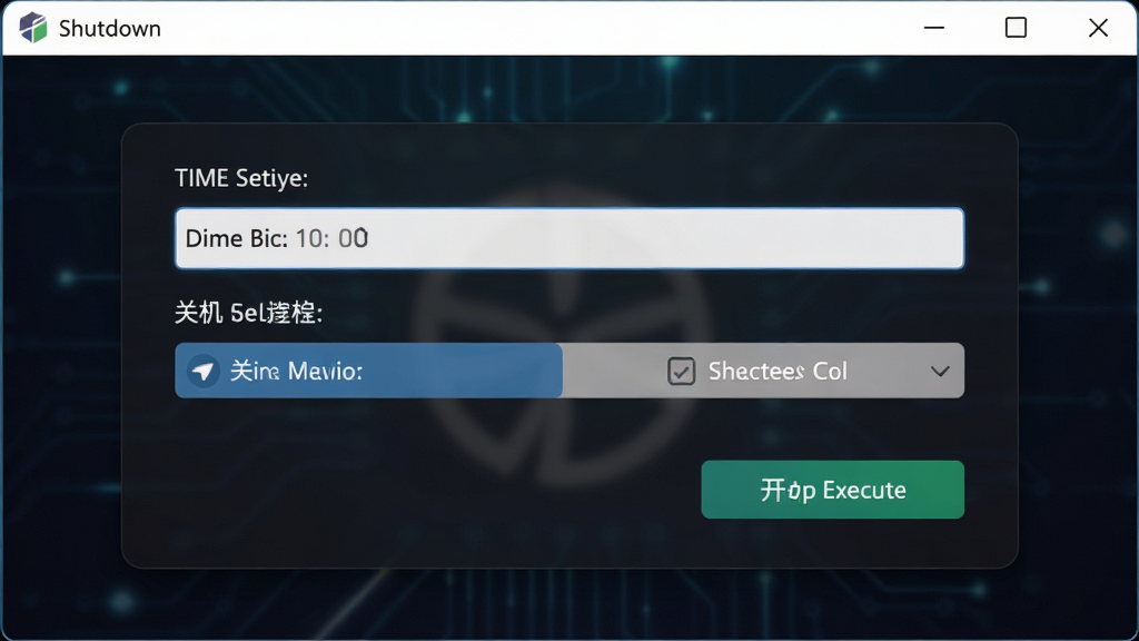 一张展示Shutdown软件主界面的图片,主体为软件窗口,布局居中对齐,排版清晰,风格为现代简约科技风,细节包含时间设定输入框、关机模式选择按钮、开始执行按钮,背景为深色渐变,画面干净,画质清晰,无多余元素