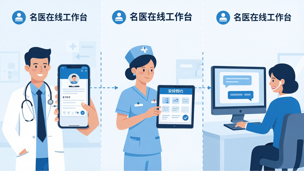 名医在线工作台多角色协同工作场景,画面分为三个区域,左侧是医生在手机上查看患者病历,中间是护士在平板上安排预约时间,右侧是客服人员通过电脑回复消息,三个区域用虚线连接表示数据同步,布局为横向三栏排版,风格为扁平化医疗插画,细节包括统一蓝色调、角色图标和“名医在线工作台”文字标识,画质清晰,干净,无多余元素