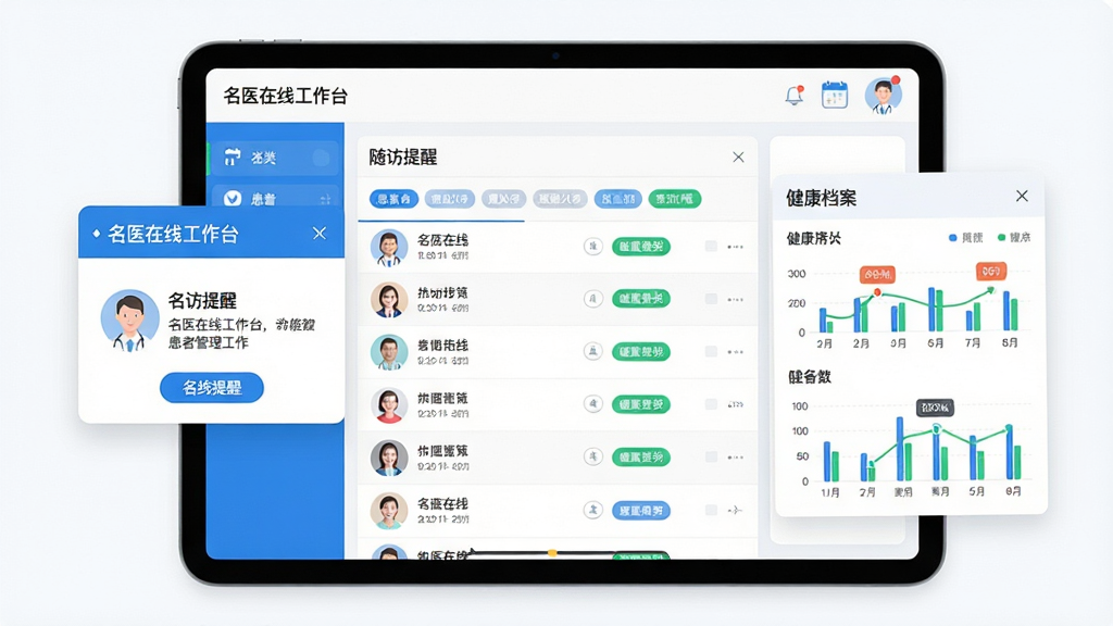 名医在线工作台智能患者管理界面,画面中央是平板电脑屏幕,显示患者列表和标签分类,左侧有随访提醒弹窗,右侧是健康档案图表,布局为居中排版,风格为清爽医疗UI风格,细节包括蓝色和绿色标签、圆形头像、日历图标和“名医在线工作台”字样,画质清晰,干净,无多余元素