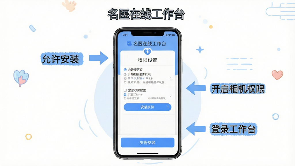 名医在线工作台使用教程示意图,画面中央是手机屏幕显示安装步骤和权限设置界面,周围有箭头指引和文字标注“允许安装”“开启相机权限”“登录工作台”,布局为竖向流程图排版,风格为清新教学插画,细节包括蓝色按钮、白色背景和“名医在线工作台”文字,画质清晰,干净,无多余元素