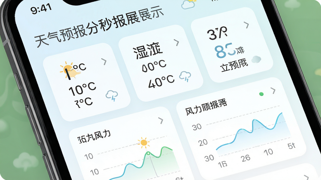 天气预报分秒报实时天气数据展示界面,手机屏幕显示温度、湿度、风力等数据卡片,清新浅色风格,数据可视化图表,画面中带有