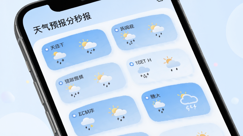 天气预报分秒报多城市管理界面,手机屏幕展示多个城市天气卡片列表,柔和圆角设计,淡蓝色调,画面中包含