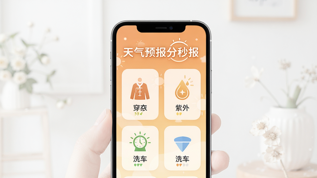 天气预报分秒报生活指数功能界面,手机屏幕显示穿衣、紫外线、洗车等指数图标,暖色调温馨风格,画面中包含