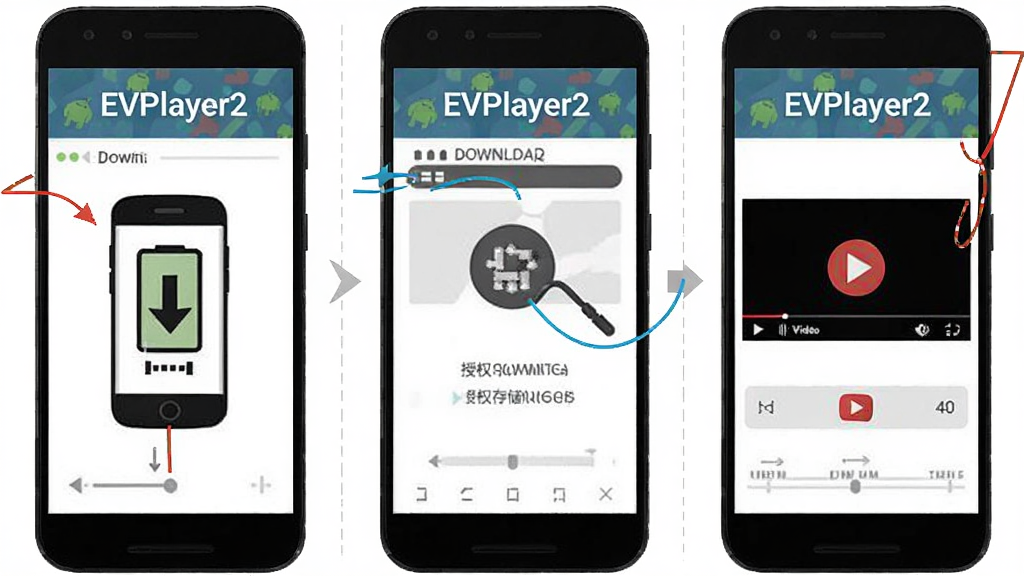 EVPlayer2�ڰ�׿�ֻ��ϵĲ�������ʾ��ͼ�������Ϊ����ֱ�չʾ���ذ�װ����Ȩ�洢Ȩ�ޡ����������Ƶ�����̣�ÿ���д���