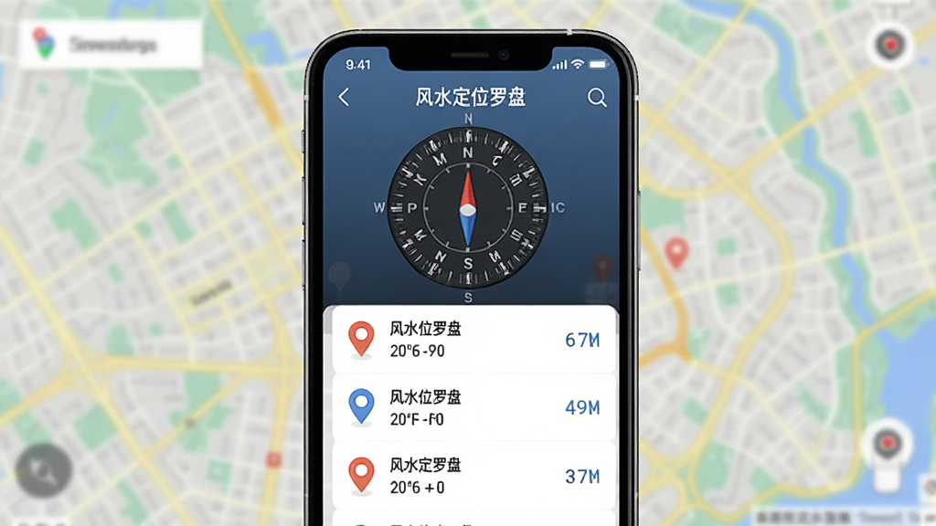 一部手机显示风水定位罗盘应用,屏幕上有一个地点标记列表,每个标记旁有方位角度数据,背景为模糊的城市地图,主体为手机与记录界面,布局清晰,风格现代实用,细节展示标记图标与数据,画质干净高清,图片中带有文字“风水定位罗盘”