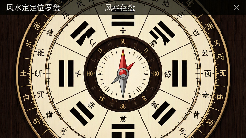 一张风水定位罗盘应用的界面截图,画面上显示多层同心圆刻度盘,包含八卦符号、二十四山文字与天干地支标注,中心为红色指南针,背景为深色木质纹理,主体为罗盘图层,布局对称,风格古典专业,细节文字清晰,画质干净高清,图片中带有文字“风水定位罗盘”