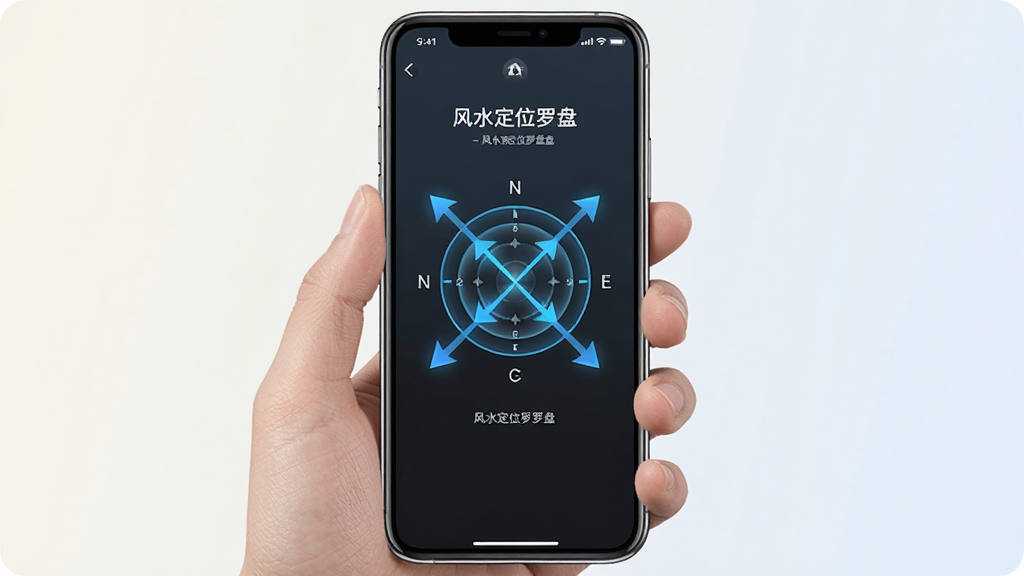 一部手机显示风水定位罗盘应用的校准界面,屏幕上有圆形校准动画和方向箭头,用户手持手机做出8字形动作,背景为简洁的浅色渐变,主体为手机与校准提示,布局居中,风格清爽易用,细节展示动画与文字提示,画质干净高清,图片中带有文字“风水定位罗盘”