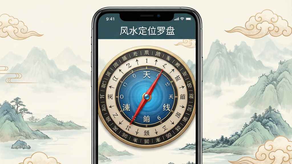 一张展示风水定位罗盘应用主界面的图片,画面中央是一部现代智能手机,手机屏幕上显示着精致的电子风水罗盘界面,罗盘包含天池、二十四山刻度与红色指南针指针,背景为柔和的中国风水元素如淡雅山水与祥云,主体突出手机与罗盘界面,布局居中,风格写实科技与传统融合,细节清晰,画质干净高清,无多余元素,图片中带有文字“风水定位罗盘”