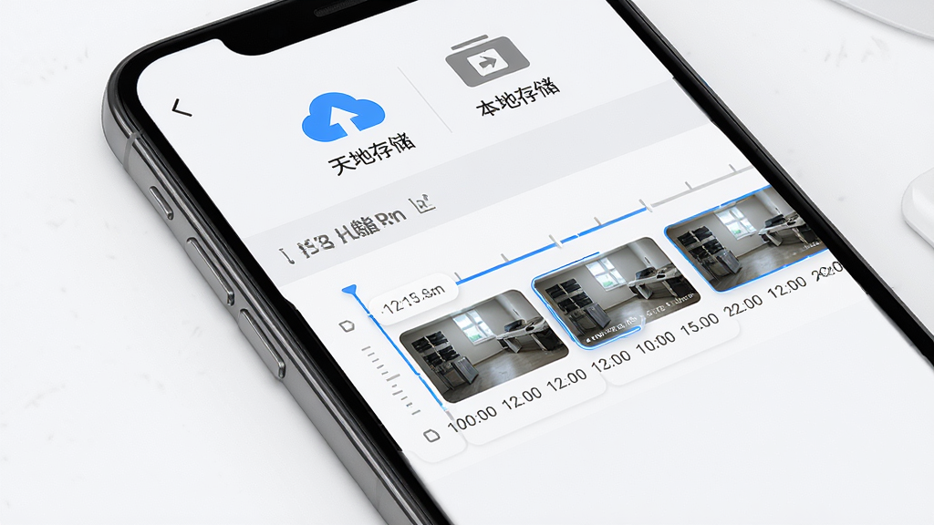 天地安防录像回放与云存储功能展示,画面主体是手机屏幕显示时间轴回放界面,时间轴上分布着不同时间段的录像片段缩略图,屏幕上方有云存储图标和本地存储图标并列展示,布局为手机屏幕特写,排版清晰展示时间轴结构,风格为简约科技风,细节上时间轴刻度精细,缩略图清晰可见,画质为高清,画面干净无杂乱元素