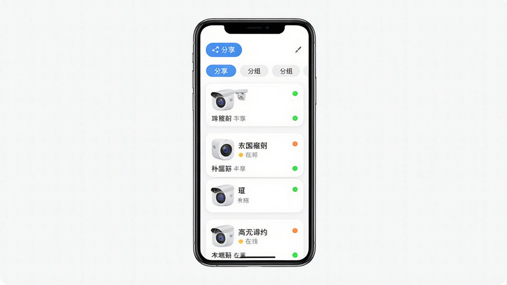 天地安防设备管理与分享功能展示,画面中央是手机屏幕显示设备列表界面,列表中排列着多个摄像头设备卡片,每个卡片带有设备名称和在线状态标识,屏幕上方有分享按钮和分组标签,布局为手机屏幕居中,排版整齐有序,风格为清新简约风,细节上设备卡片有圆角设计和状态指示灯,画质为高清,画面干净无多余元素