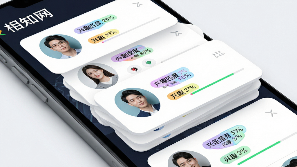 相知网 智能匹配 算法推荐 手机屏幕 显示多个用户卡片 兴趣标签 匹配度百分比 布局 卡片堆叠 排版 整齐 风格 简约科技 细节 卡片圆角 头像清晰 标签彩色 画质 高清 干净 无多余元素