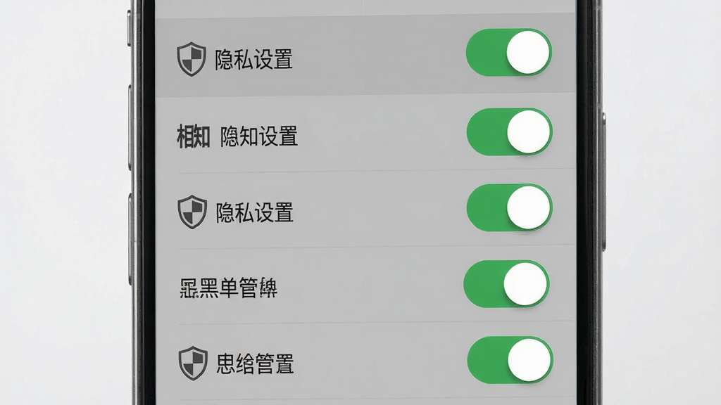 相知网 隐私设置 手机界面 开关按钮列表 黑名单管理 布局 纵向列表 排版 清晰 风格 安全简约 细节 盾牌图标 绿色开关 灰色背景 画质 高清 干净 无多余元素