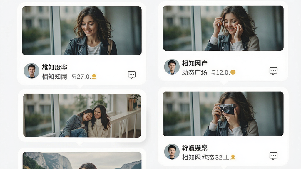 相知网 动态广场 手机界面 瀑布流布局 图文动态卡片 点赞评论图标 布局 双列瀑布流 排版 错落有致 风格 清新社交 细节 图片缩略图 文字摘要 头像 画质 高清 干净 无多余元素