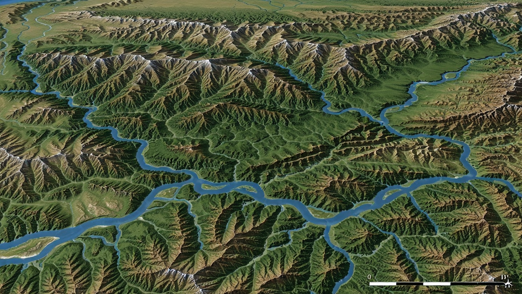 真实山川地图高清地形渲染效果图,画面展示从高空俯瞰的连绵山脉与蜿蜒河流,地形起伏明显,色彩层次丰富,有绿色植被和蓝色水系,风格写实自然,布局为全屏地图视角,画质清晰干净,无多余元素