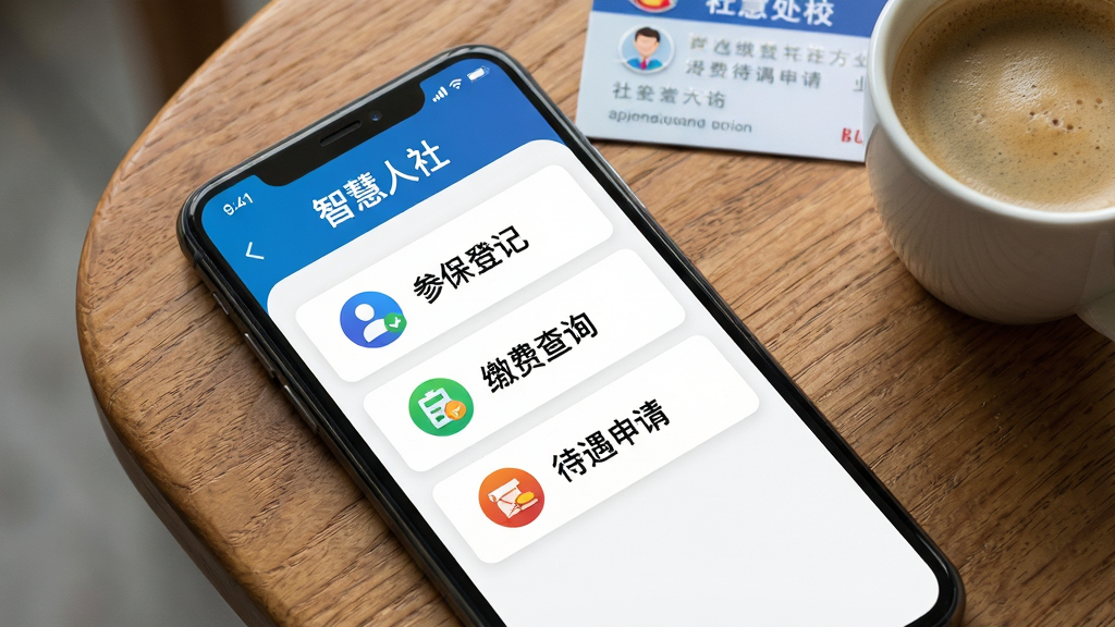 一张展示智慧人社APP社保业务办理界面的图片。画面主体为手机屏幕特写,屏幕内显示业务办理菜单列表,包括“参保登记”“缴费查询”“待遇申请”等选项。手机放置在木质桌面上,旁边有一张社保卡和一杯咖啡。布局为斜向俯拍视角,风格为生活化写实风。细节上屏幕文字清晰可辨,图标色彩鲜明。画质要求高清、干净、无杂乱背景。