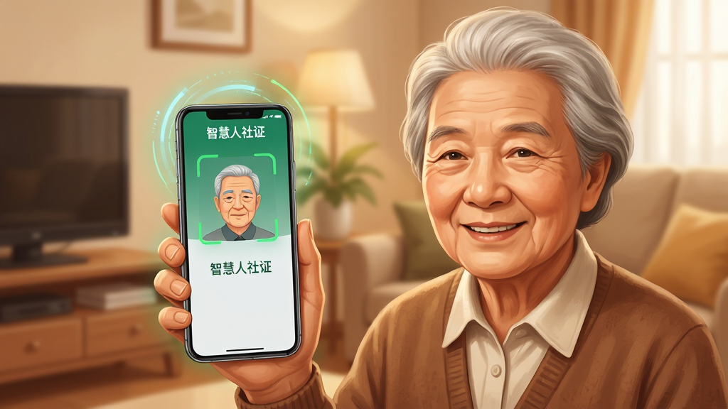 一位老年人手持智能手机,屏幕上显示智慧人社APP的人脸识别认证界面。画面采用暖色调,背景为居家客厅环境。老年人面带微笑,手机屏幕上有绿色的扫描框和“智慧人社”文字标识。布局为半身近景构图,风格为温馨写实插画风。细节上手机屏幕有柔和的科技光晕,认证框线条清晰。画质要求高清、干净、无多余元素。