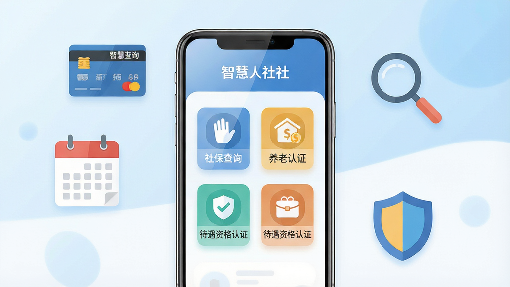 一张以智慧人社手机应用界面为核心的全景展示图。画面中央是一部竖向放置的智能手机,屏幕内清晰展示智慧人社APP的主页,包含社保查询、养老认证、待遇资格认证等图标。手机周围环绕着社保卡、日历、放大镜、盾牌等扁平化图标元素。整体布局采用居中构图,背景为柔和的蓝白渐变色调。风格为现代扁平科技风,细节上图标边缘干净利落,手机屏幕有轻微高光反射。画质要求高清、干净、无多余杂乱元素,整体明亮通透。