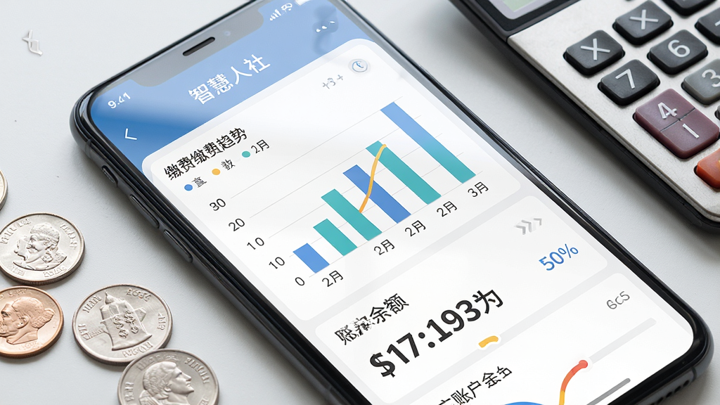一张智慧人社APP个人社保账户查询页面的手机截图风格图片。画面展示手机屏幕内清晰的图表和数据列表,包含柱状图显示缴费趋势、数字显示账户余额。手机旁边散落着几枚硬币和一个计算器。布局为斜向平铺俯拍,风格为简约商务风。细节上数字和图表颜色分明,屏幕有轻微反光。画质要求高清、干净、无杂乱背景。