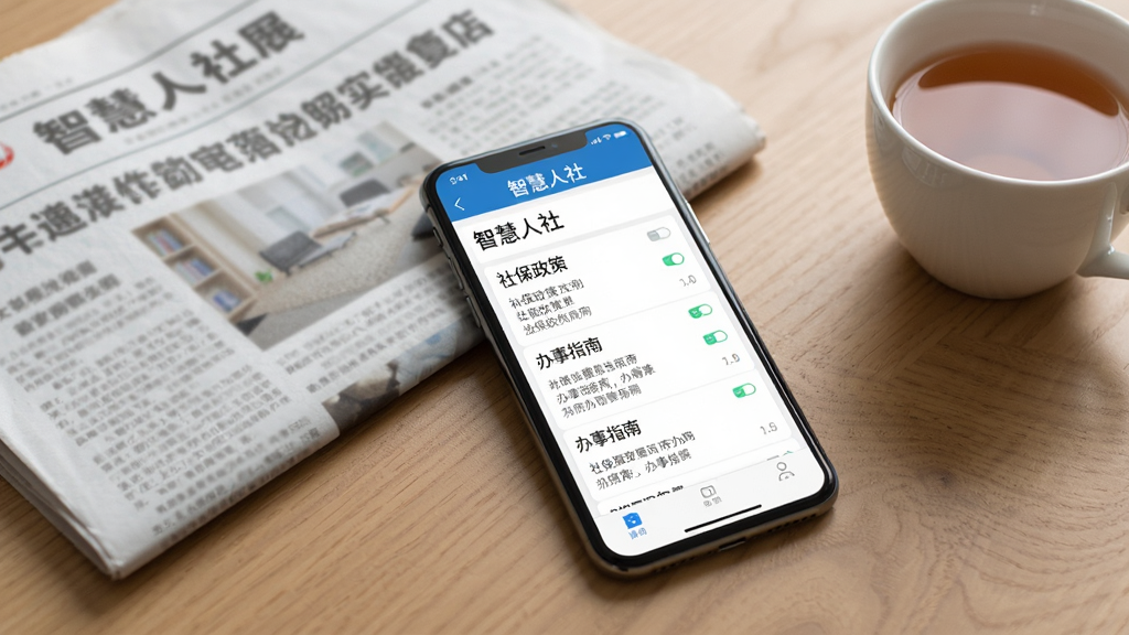 一部智能手机放置在桌面上,屏幕显示智慧人社APP的资讯列表页面,标题包含“社保政策”“办事指南”等字样。手机旁边有一份展开的报纸和一杯茶。布局为平视角度,风格为商务生活风。细节上屏幕文字清晰,报纸上有模糊的新闻标题。画质要求高清、干净、无多余元素。