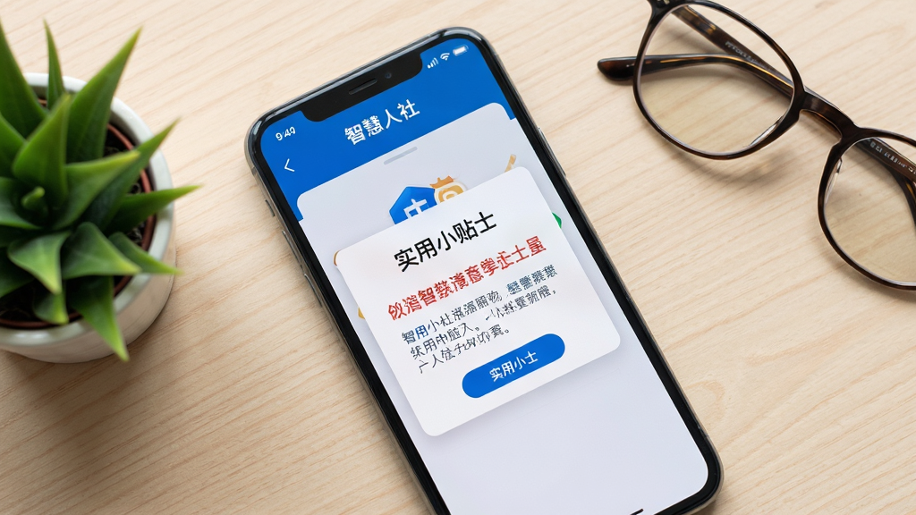 一部手机屏幕显示智慧人社APP的“实用小贴士”弹窗界面,弹窗内包含红色和蓝色文字提示。手机放置在浅色桌面上,旁边有一盆小绿植和一副眼镜。布局为俯拍视角,风格为清新简约风。细节上弹窗文字清晰,颜色对比分明。画质要求高清、干净、无杂乱元素。