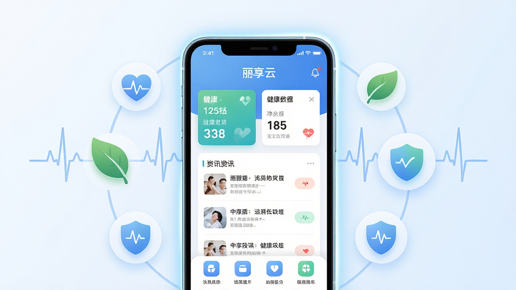 整体画面以柔和的蓝白渐变为主色调,主体是一部智能手机居中展示,手机屏幕上呈现“丽享云”应用的主界面,界面中包含健康数据卡片、资讯列表和功能图标。手机周围环绕着心率波形、绿叶、盾牌等健康元素图标,布局采用左右对称的环绕式构图。排版清晰,风格现代简约,细节上手机边缘有轻微光晕,背景干净无杂乱元素,画质高清,整体给人专业、安心、清爽的视觉感受。